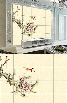 牡丹陶瓷印花 电视墙 背景墙