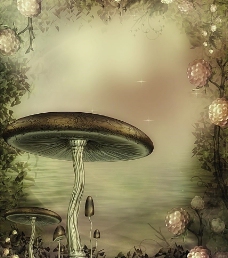 梦幻影楼童话背景 蘑菇树 花朵 湖水图片
