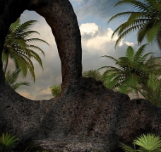 梦幻背景 绿树 畸形怪石 石门拱图片