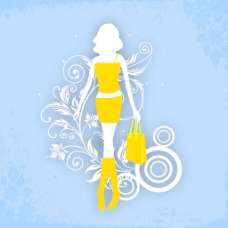 时装购物一个年轻时尚的女孩与花装饰蓝色背景的购物袋illustartion