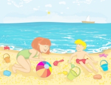 海滩上的矢量插画的母亲和孩子