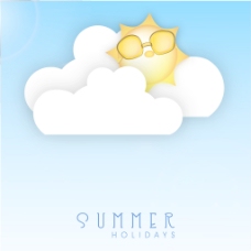 暑假的概念与太阳戴着眼镜 蓝色背景上的云
