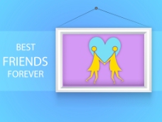 快乐女孩情人节快乐的背景下两个女孩手牵手在蓝色背景上的一个框架