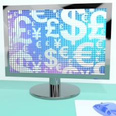 在计算机屏幕上显示的汇率和外汇货币符号