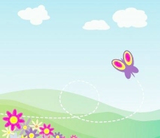 卡通的山坡上，蝴蝶和鲜花的剪辑艺术