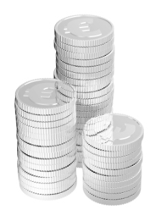 银的欧元硬币堆孤立在白色的背景