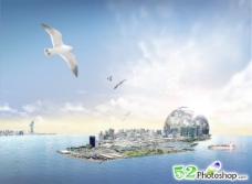 海岛城市创意风景PSD下载