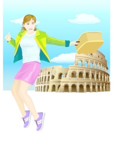 观光旅游罗马竞技场旅游观光的美女矢量图